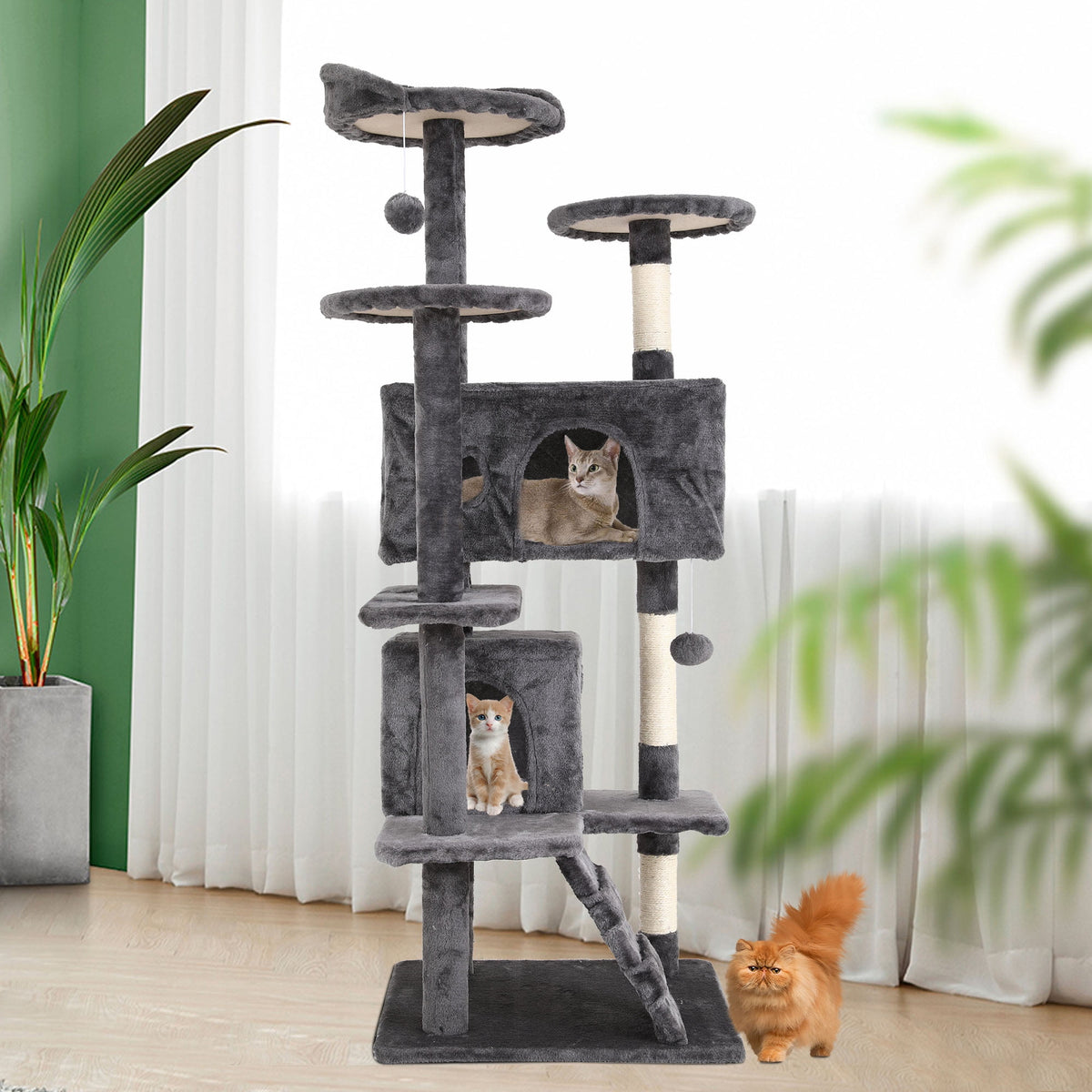 Deluxe 54-Inch Multi-Level Cat Tree Tower with Scratching Posts and Cozy Perches - Light Gray