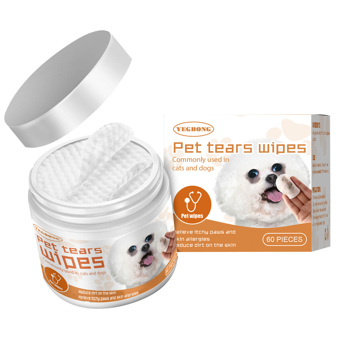 Yegbong Pet Wet Wipes - Gentle Tear Stain Remover for Dogs and Cats with Aloe Vera & Chamomile