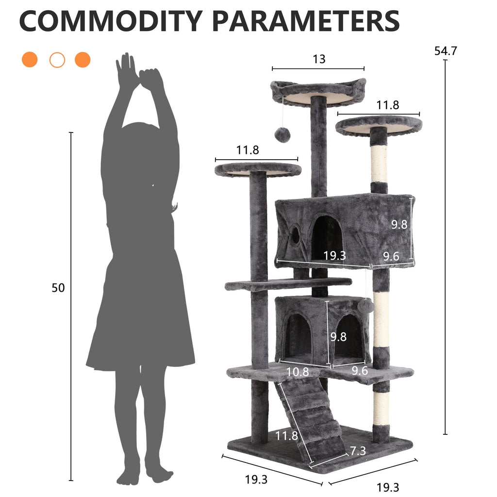 Deluxe 54-Inch Multi-Level Cat Tree Tower with Scratching Posts and Cozy Perches - Light Gray