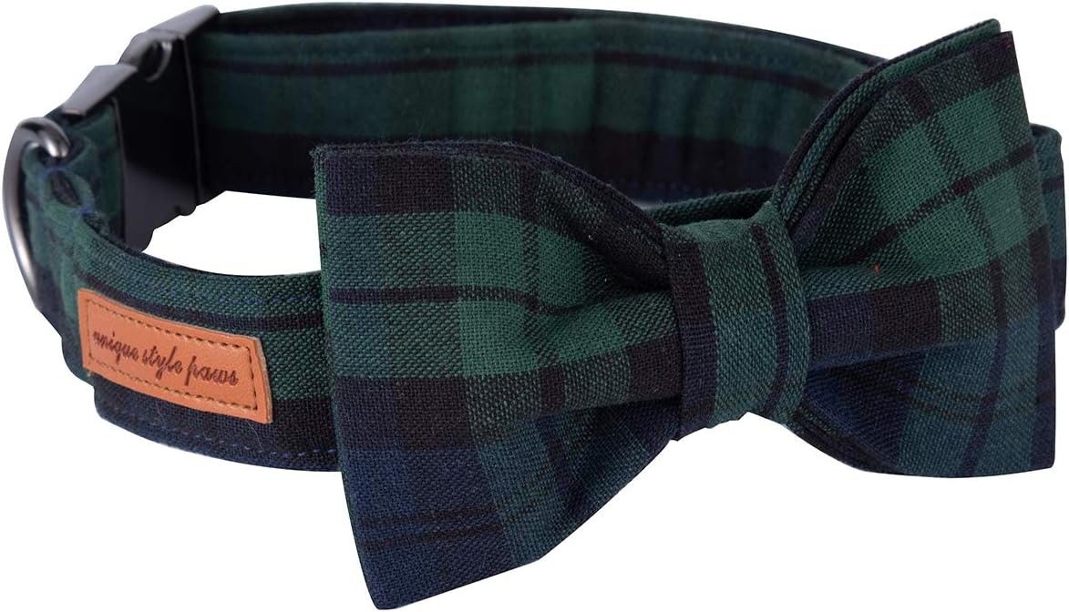 Festive Green Plaid Dog and Cat Collar with Bow - Adjustable, Soft, and Comfy Bowtie for XX-Small to Large Pets