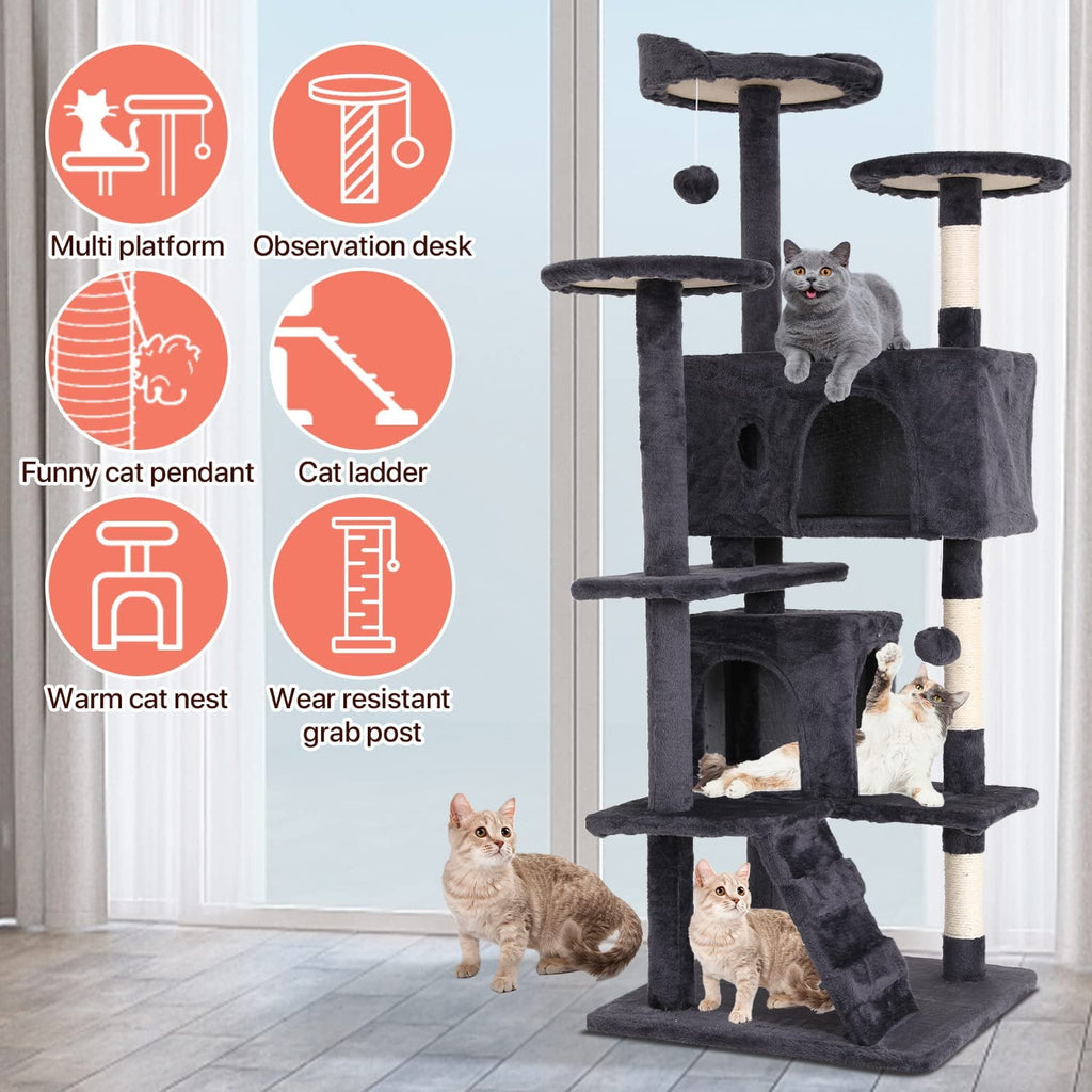 Deluxe 54-Inch Multi-Level Cat Tree Tower with Scratching Posts and Cozy Perches - Light Gray