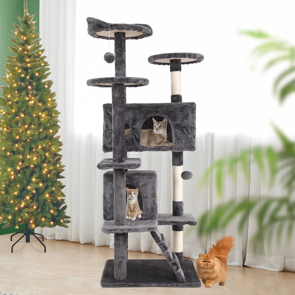 Deluxe 54-Inch Multi-Level Cat Tree Tower with Scratching Posts and Cozy Perches - Light Gray