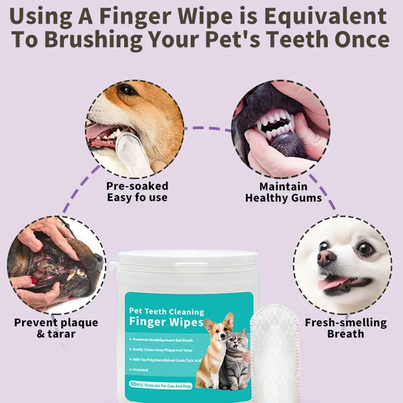 Ultimate Dog & Cat Teeth Cleaning Finger Wipes - 50 Super Soft Oral Care Wipes for Fresh Breath & Dental Health