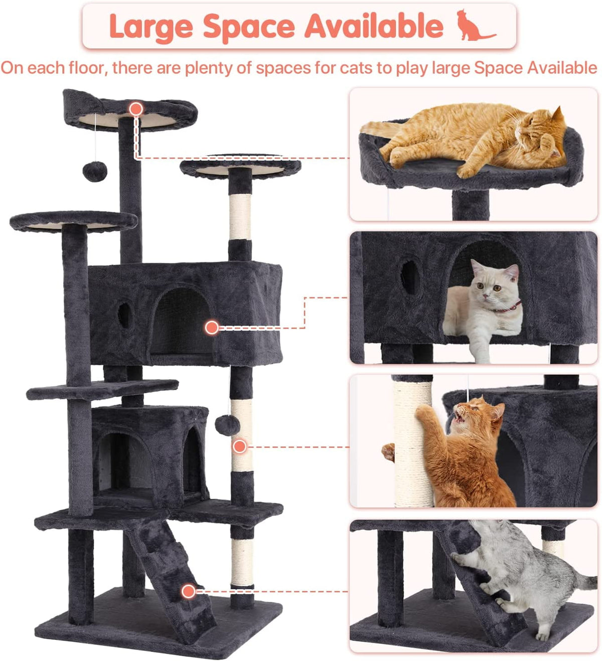 Deluxe 54-Inch Multi-Level Cat Tree Tower with Scratching Posts and Cozy Perches - Light Gray