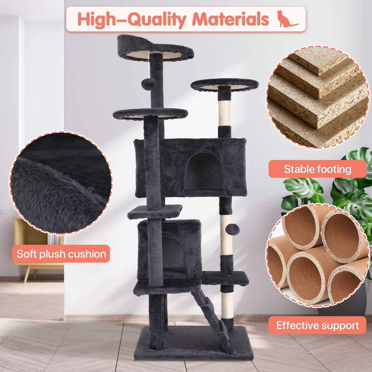 Deluxe 54-Inch Multi-Level Cat Tree Tower with Scratching Posts and Cozy Perches - Light Gray